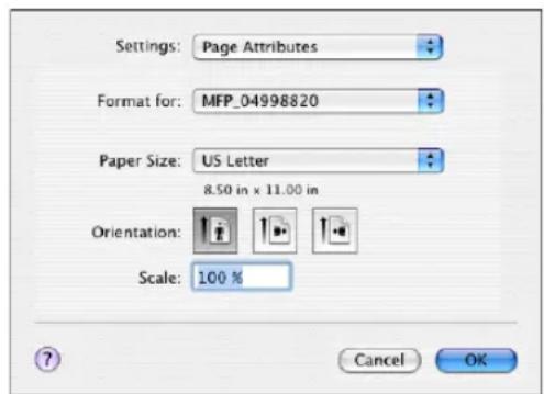 Settings: Page Attributes Format for: MFP_04998820 Paper Size: US Letter 8.50 in x 11.00 in Orientation: Scale: 100 % Cancel OK