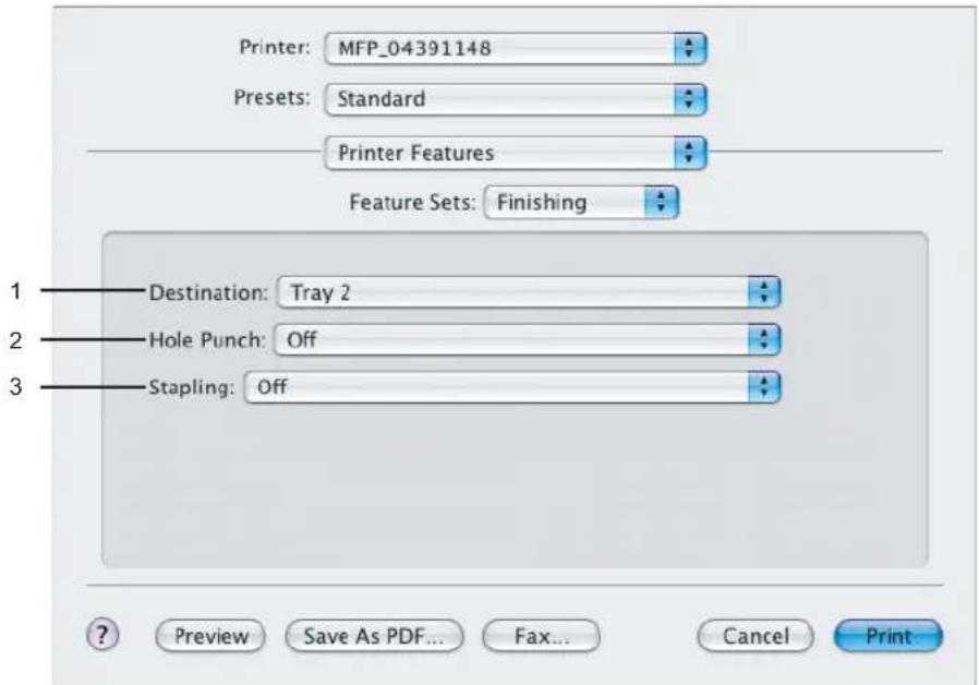 Printer: MFP_04391148 Presets: Standard Printer Features Feature Sets: Finishing 1 Destination: Tray 2 2 Hole Punch: Off 3 Stapling: Off ? Preview Save As PDF... Fax... Cancel Print