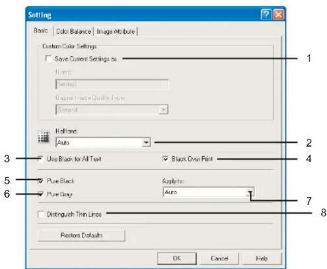 Setting Basic | Color Balance | Image Attribute | Custom Color Settings ✓ Save Current Settings as Name: Setting1 Original Image Quality Type: General Hollow: Auto Use Black for All Text ✓ Black Over Paint Pure Black Apply to: Pure Gray Auto Distinguish Thin Lines Restored Defaults OK Cancel Help