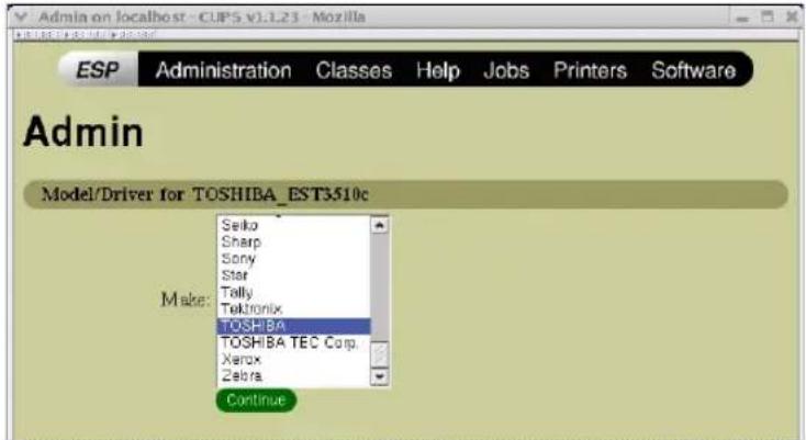 Admin ESP Administration Classes Help Jobs Printers Software Model/Driver for TOSHIBA_EST3510c Make: Seiko Sharp Sony Star Tally Tektronix TOSHIBA TOSHIBA TEC Corp. Xerox Zebra Continue