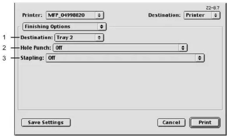 Printer: MFP_04998820 Destination: Printer Finishing Options Destination: Tray 2 Hole Punch: Off Stapling: Off 1 2 3 Save Settings Cancel Print Z2-8.7