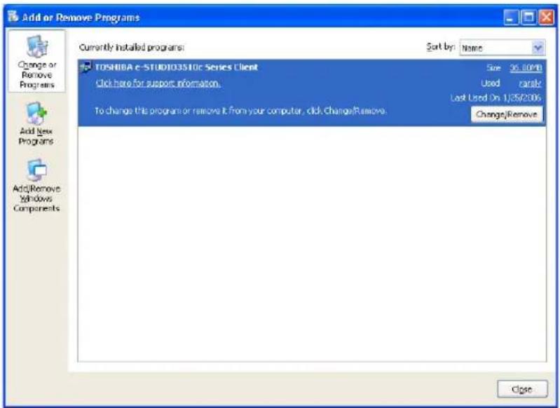 Add or Remove Programs Currently installed programs: Sort by: Name TOSHIBA e-STUDIO3510c Series Client Click here for support information. To change this program or remove it from your computer, click ChangeRemove. Size 36.00M Used raraly Last Used On 1J25/2006 ChangeRemove Close