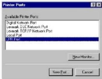 Printer Ports Available Printer Ports Digital Network Port Lenmark DLC Network Port Lenmark TCP/IP Network Port Local Port LFR Port New Monitor... New Port Cancel