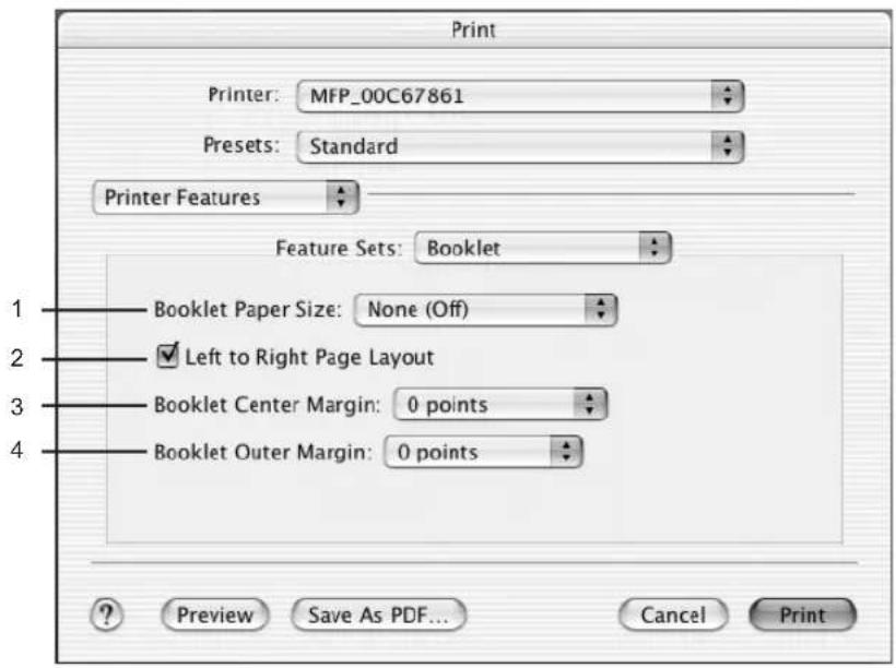 Print Printer: MFP_00C67861 Presets: Standard Printer Features Feature Sets: Booklet 1 Booklet Paper Size: None (Off) 2 Left to Right Page Layout 3 Booklet Center Margin: 0 points 4 Booklet Outer Margin: 0 points ? Preview Save As PDF... Cancel Print
