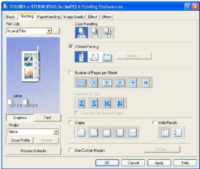 TOSHIBA e-STUDIO 3510:SeriesPCI 6 Printing Preferences Basic Finishing PaperHandling(Image Quality Effect Others Print Job Normal Print Copper Handling 1.2.3 1.1.1 1.2.3 ✓ 2-Sided Printing Details Letter 1.2.3 1.2.3 Number of Pages per Sheet 7 4 6 8 9 10 Direction of Plant Z S N Draw Borders Around Pages Staples Hide Punch Profile: None Save Profile Directs Use Custom Margins Directs... Restored Defaults OK Cancel Apply Help