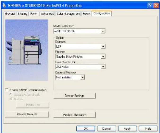 TOSHIBA e-STUDIO03510cSeriesPCI 6 Properties General Sharing Ports Advanced Color Management Fonts Configuration Model Selection: e-STUDIO03510c Option Drawers: LCF Finisher: Saddle Stitch Finisher Hole Punch Unit: 2/3 Holes Optional Memory: Not Installed Enable SNMP Communication Update Automatically Mainline Update from Restor Defaults Drawer Settings Version Information OK Cancel Apply Help