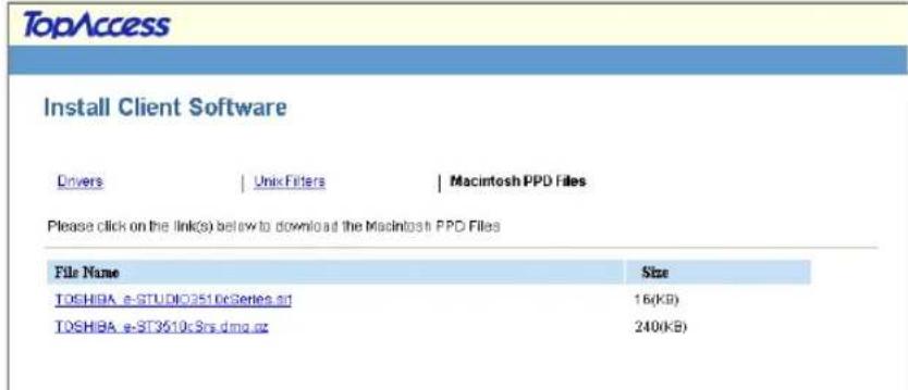 TopAccess Install Client Software Drivers | Unik Filters | Macintosh PPD Files Please click on the link(s) below to download the Macintosh PPD Files File Name Size TOSHIBA e-STUDIO3510cSeries.spt 16(KB) TOSHIBA e-ST3610c8rs.dma.gz 240(KB)