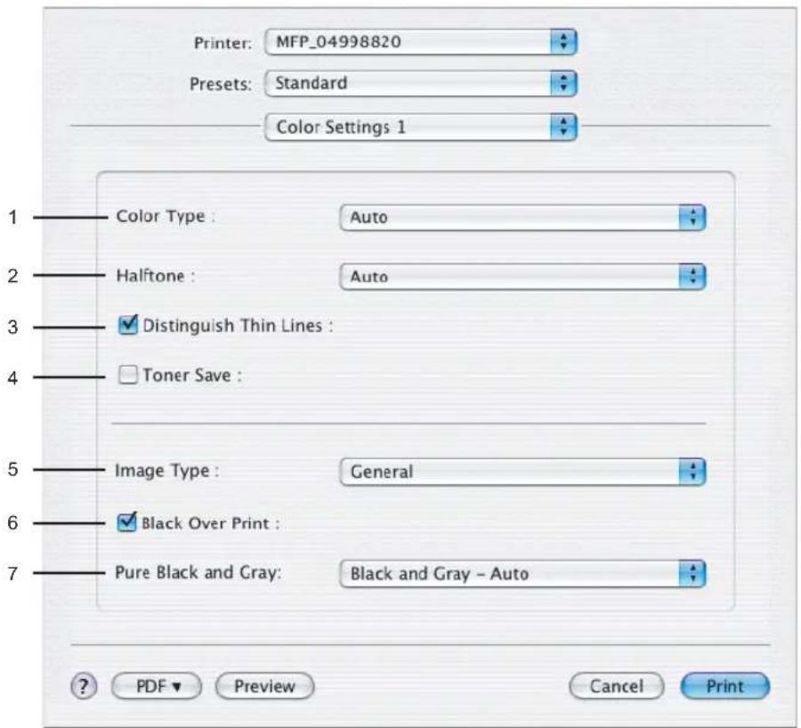Printer: MFP_04998820 Presets: Standard Color Settings 1 1 Color Type : Auto 2 Halftone : Auto 3 Distinguish Thin Lines : 4 Toner Save : 5 Image Type : General 6 Black Over Print : 7 Pure Black and Gray: Black and Gray - Auto ? PDF Preview Cancel Print