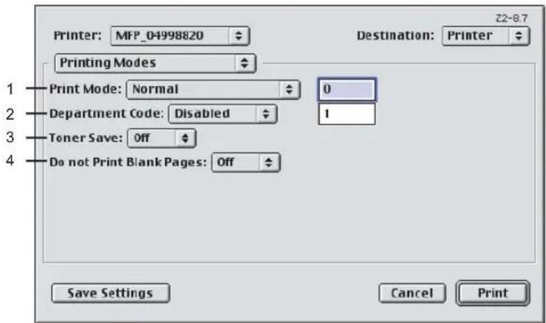 Printer: MFP_04998820 Z2-8.7 Destination: Printer Printing Modes 1 Print Mode: Normal 0 2 Department Code: Disabled 1 3 Toner Save: Off 4 Do not Print Blank Pages: Off Save Settings Cancel Print