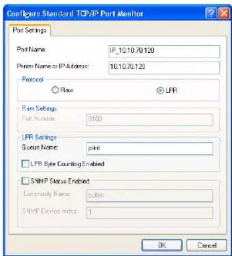 Configure Standard TCP/IP Port Monitor Port Settings Port Name: IP_10.10.70.120 Printer Name or IP Address: 10.10.70.120 Protocol Raw LPR Raw Settings Port Number: $100 LPR Settings Gbps Name: pinl LPB Byte Counting Enabled SNMP Status Enabled Community Name: public SNMP Device Index: 1 OK Cancel