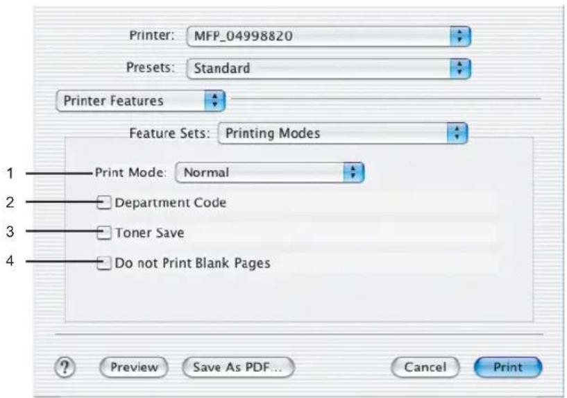 Printer: MFP_04998820 Presets: Standard Printer Features Feature Sets: Printing Modes 1 —— Print Mode: Normal 2 —— Department Code 3 —— Toner Save 4 —— Do not Print Blank Pages ? Preview Save As PDF... Cancel Print