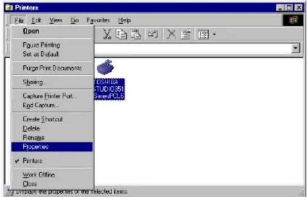 Printers File Edit View Go Favorites Help Open Figue Printing Set as Default Furge Print Documents Shoring... Capture Printer Port... End Capture... Create Shortcut Delete Rename Properties ✓ Printers Work Offline Class UPSHEBA STUDIO351 SerialPOLS Unreplace the properties of the selected items