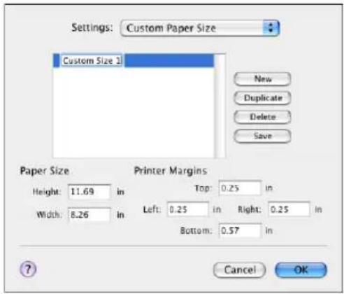 Settings: Custom Paper Size Custom Size 1 New Duplicate Delete Save Paper Size Height: 11.69 in Width: 8.26 in Printer Margins Top: 0.25 in Left: 0.25 in Right: 0.25 in Bottom: 0.57 in Cancel OK