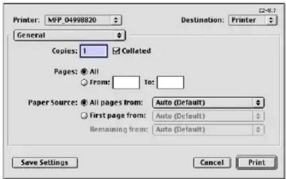 Printer: MFP_04998820 Destination: Printer General Copies: 1 Coliated Pages: All From: To: Paper Source: All pages from: Auto (Default) First page from: Auto (Default) Remaining from: Auto (Default) Save Settings Cancel Print