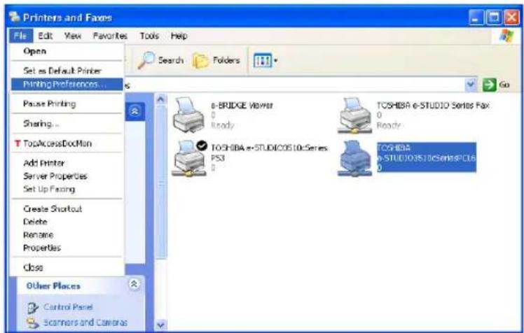 Printers and Faxes File Edit View Favorites Tools Help Open Set as Default Printer Printing Preferences... Pause Printing Sharing... TopAccessDocMan Add Printer Server Properties Set Up Facing Create Shortcut Delete Rename Properties Close Other Places Control Panel Scanners and Cameras Search Folders Go e-BRIDGE Viewer Ready TOSHIBA e-STUDIO Series Fax Ready PS3 TOSHIBA e-STUDIO Series PC16 0