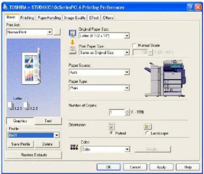 TOSHRA e-STUDIO3510cSeriesPCL 6 Printing Preferences Basic Finishing PaperHandling(Image Quality Effect Others Print Job: Normal Print Original Paper Size: Letter [8 1/2 x 11°] Print Paper Size: Manual Scale Same as Original Size 100% (25 - 407) Paper Source: Auto Paper Type: Plain Number of Copies: 1 (1 - 999) Orientation: Portrait Landscape Color: Color Dots... Graphics Text Profile: bio01 Save Profile Delete Restore Defaults OK Cancel Apply Help