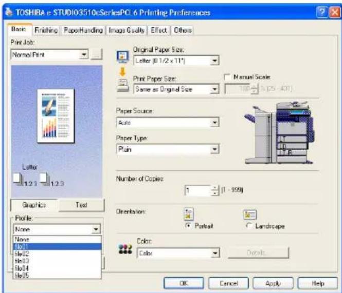 TOSHRA e-STUDIO3510eSeriesPCI 6 Printing Preferences Basic Finishing PaperHandling Image Quality Effect Others Print Job: Normal/Print Original Paper Size: Letter [0 1/2 x 11°] Print Paper Size: Same as Original Size Manual Scale: 100 - 5 (25 - 401) Paper Source: Auto Paper Type: Plain Number of Copies: 1 - [1 - 999] Orientation: Passalt Landscape Color: Color Details OK Cancel Apply Help
