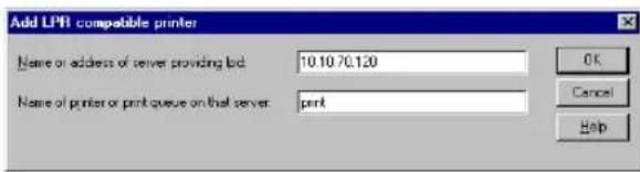Add LPR compatible printer Name or address of server providing bod: 10.10.70.120 Name or printer or print queue on that server: print OK Cancel Help