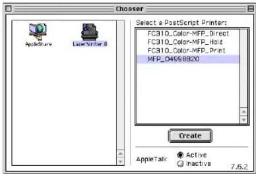 Chooser Select a PostScript Printer: FC310_Color-MFP_Direct FC310_Color-MFP_Hold FC310_Color-MFP_Print MFP_O4998820 Create AppleTalk Active Inactive 7.6.2