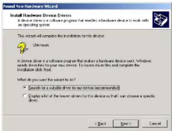 Found New Hardware Wizard Install Hardware Device Drivers A device driver is a software program that enables a hardware device to work with an operating system. This wizard will complete the installation for this device: Unknown A device driver is a software program that makes a hardware device work. Windows needs driver files for your new device. To locate driver files and complete the installation click Next. What do you want the wizard to do? • Search for a suitable driver for my device (recommended) • Display a list of the known drivers for this device so that I can choose a specific driver! < Back Next > Cancel