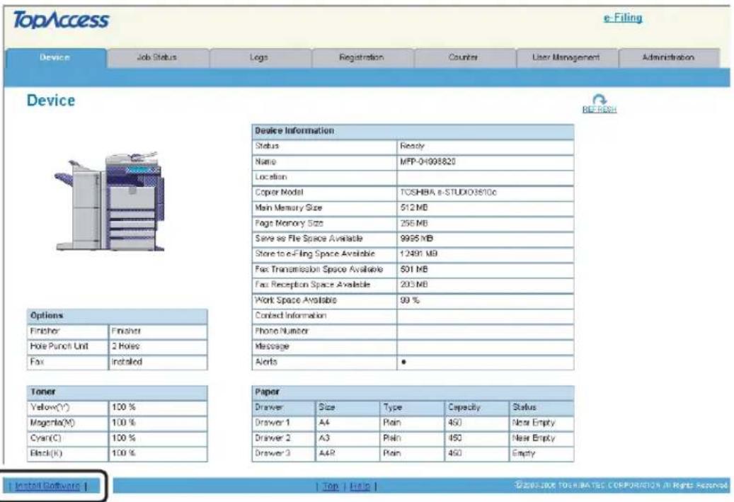 TopAccess e-Filing Device Job Status Legs Registration Counter User Management Administration Device BEERISH Device Information Status Ready Name MFP-04908820 Location Coper Model TOSHBA e-STUDO3610c Main Memory Size 512 MB Page Memory Size 256 MB Save as File Space Available 9995 MB Store to e-Filing Space Available 12491 MB Fax Transmission Space Available 501 MB Fax Reception Space Available 203 MB Work Space Available 99 % Contact Information Phone Number Message Aorta Toner Paper Yellow(Y) 100 % Magenta(X) 100 % Cyan(C) 100 % Black(K) 100 % Drawer Size Type Capacity Status Drawer 1 A4 Plain 460 Near Empty Drawer 2 A3 Plain 460 Near Empty Drawer 3 A4R Plain 460 Empty Install Software | Top | Help | ©2007-2008 TOSHABATEC CORPORATION IN RIGHTS RESERVED