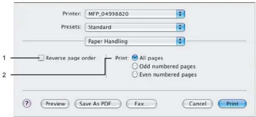 Printer: MFP_04998820 Presets: Standard Paper Handling 1 Reverse page order Print: All pages Odd numbered pages Even numbered pages 2 Preview Save As PDF... Fax... Cancel Print