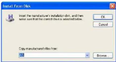 Install From Disk Insert the manufacturer's installation disk, and then make sure that the correct drive is selected below. OK Cancel Copy manufacturer's files from: Browse...