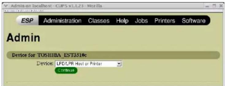 Admin on localhost - CUP5 VLL23 - Mozilla ESP Administration Classes Help Jobs Printers Software Admin Device for TOSHIBA_EST3510c Device: LFDLPR Host or Printer Continue