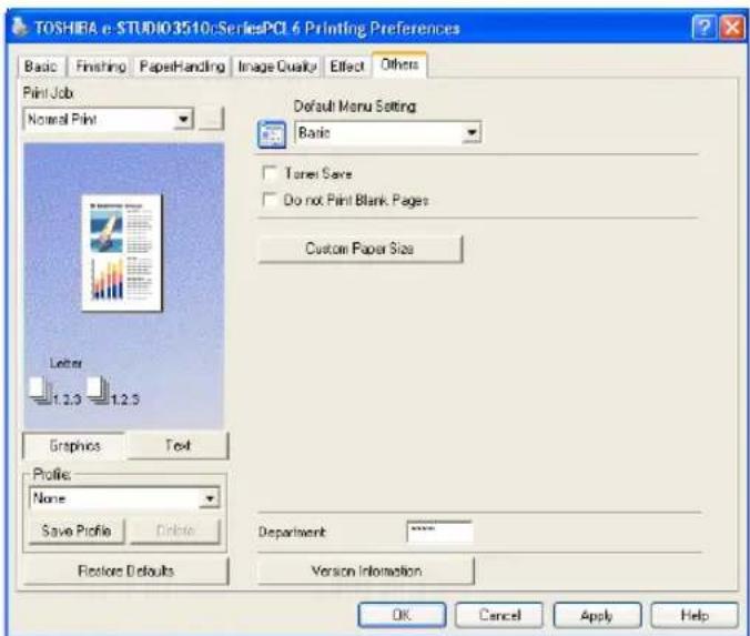 TOSHIBA e-STUDIO 3510:SeriesPCI 6 Printing Preferences Basic Finishing PaperHandling(Image Quality Effect Others Print Job Normal Print Letter 1.2.3 1.2.5 Graphics Text Profile: None Save Profile Ctrlate Restore Defaults Default Menu Setting Basic Tanner Save Do not Print Blank Pages Custom Paper Size Department Version Information OK Cancel Apply Help
