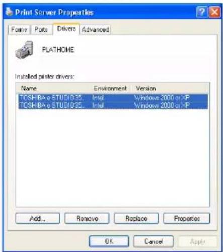 Print Server Properties Forms Ports Divers Advanced PLATHOME Installed printer drivers: Name Environment Version TOSHIBa e STUDIO35... Intel Windows 2000 or KP TOSHIBa e STUDIO35... Intel Windows 2000 or KP Add... Remove Replace Properties OK Cancel Apply