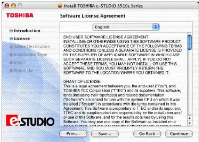 TOSHIBA Software License Agreement English END USER SOFTWARE LICENSE AGREEMENT INSTALLING OR OTHERWISE USING THIS SOFTWARE PRODUCT CONSTITUTES YOUR ACCEPTANCE OF THE FOLLOWING TERMS AND CONDITIONS (UNLESS A SEPARATE LICENSE IS PROVIDED BY THE SUPPLIER OF APPLICABLE SOFTWARE IN WHICH CASE SUCH SEPARATE LICENSE SHALL APPLY). IF YOU DO NOT ACCEPT THESE TERMS, YOU MAY NOT INSTALL OR USE THIS SOFTWARE. AND YOU MUST PROMPTLY RETURN THE SOFTWARE TO THE LOCATION WHERE YOU OBTAINED IT. GRANT OF LICENSE: This is a legal agreement between you, the end-user ("You"), and TOSHIBA TEC Corporation ("TTEC") and its suppliers. This software, fonts (including their typefaces) and related documentation ("Software") is licensed for use with the system CPU on which it was installed ("System") in accordance with the terms contained in this Agreement. This Software is proprietary to TTEC and/or its suppliers. TTEC and its suppliers disclaim responsibility for the installation and/ or use of this Software, and for the results obtained by using this Software. You may use one copy of the Software as installed on a sale. Setup, and may not miss the Exchange for your season current. Print... Save... Go Back Continue