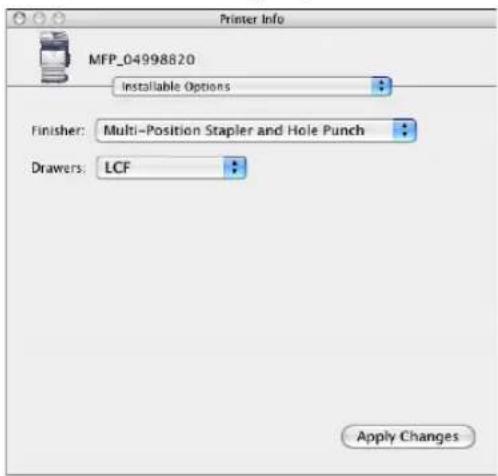 Printer Info MFP_04998820 Installable Options Finisher: Multi-Position Stapler and Hole Punch Drawers: LCF Apply Changes