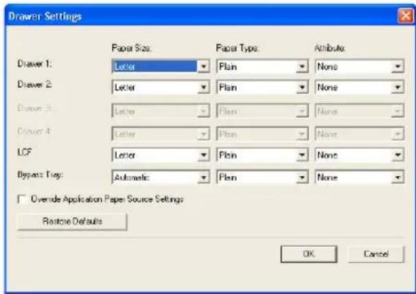 Drawer Settings Paper Size: Paper Type: Attribute Drawer 1: Letter Plan None Drawer 2: Letter Plan None Drawer 3: Letter Plan None Drawer 4: Letter Plan None LCF Letter Plan None Bypass Type: Automatic Plan None Override Application Paper Source Settings Restore Defaults OK Cancel