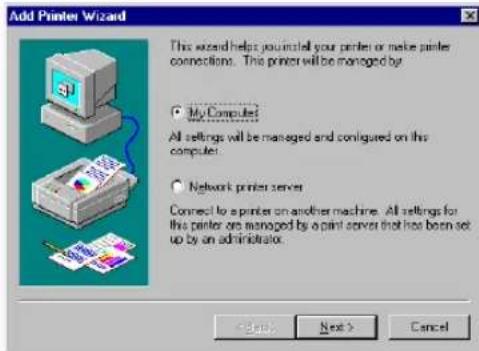 Add Printer Wizard This wizard helps you install your printer or make printer connections. This printer will be managed by. My Computer All settings will be managed and configured on this computer. Network printer server Connect to a printer on another machine. All settings for this printer are managed by a print server that has been set up by an administrator. < Back Next > Cancel