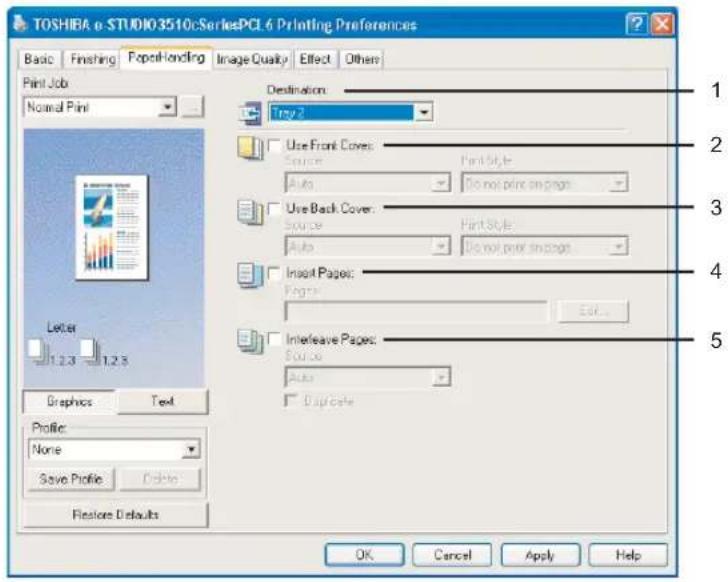 TOSHIBA e-STUDIO3510:SeriesPCL 6 Printing Preferences Basic Finishing PaperHolding Image Quality Effect Others Print Job Normal Print Letter 1.2.3 1.2.3 Graphics Text Profile: None Save Profile Delete Restored Defaults Destination: Try2 Use Front Cover: Source: Part Style Auto Do not print on page Use Back Cover: Source: Part Style Auto Do not print on page Insert Pages: Pages Edit... Interleave Pages: Source: Auto Duplicate OK Cancel Apply Help