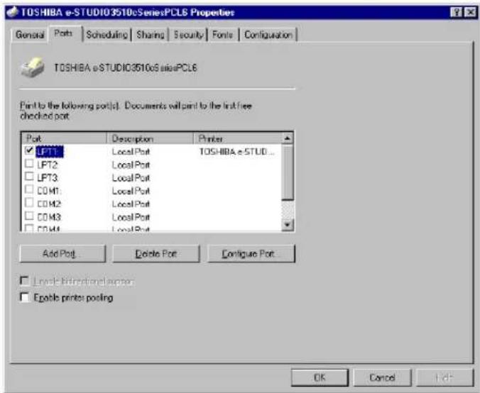 TOSHIBA e-STUDIO3510cSeriesPCLS Properties General Ports Scheduling Sharing Security Fonts Configuration TOSHIBA e-STUDIO3510cSeriesPCLS Print to the following port(s). Documents will print to the first free checked port Port Description Printer LPT1 LocalPort TOSHIBA e-STUD... LPT2 LocalPort LPT3 LocalPort COM1 LocalPort COM2 LocalPort COM3 LocalPort COM4 LocalPort Add Port Delete Port Configure Port Level Directional space Enable printer pooling OK Cancel Help
