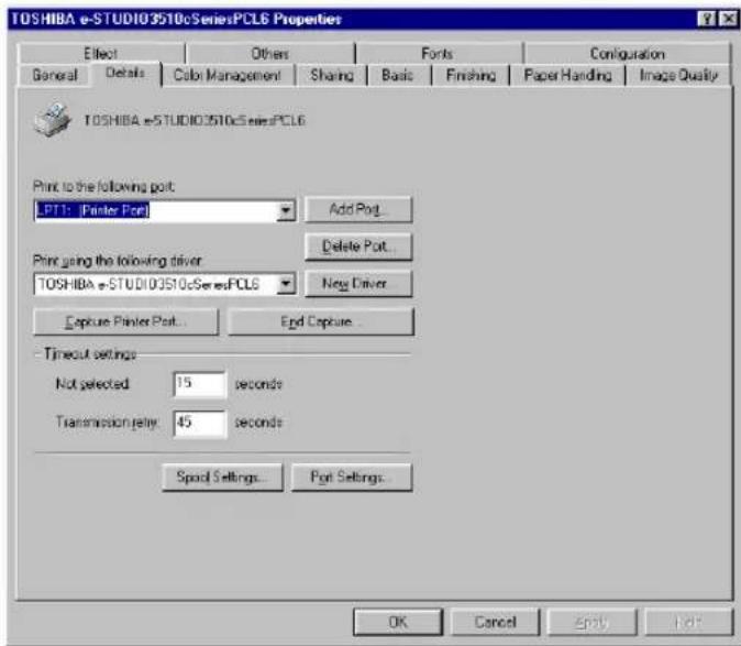 TOSHIBA e-STUDIO3510cSeriesPCL6 Properties Effect Others Fonts Configuration General Details Calcium Management Sharing Basic Finishing Paper Handing Image Quality TOSHIBA e-STUDIO3510cSeriesPCL6 Print to the following port: LPT1: [Printer Port] Add Port... Print using the following driver: TOSHIBA e-STUDIO3510cSeriesPCL6 New Driver Capture Printer Port... End Capture... - Timeout settings Not selected 15 seconds Transmission retry: 45 seconds Spool Settings... Port Settings... OK Cancel Entry Help