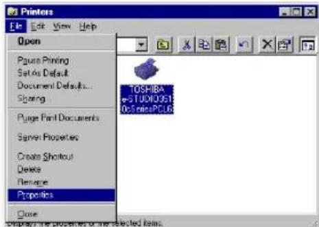 Printers Edit View Help Open Paste Printing Set As Default Document Defaults... Spacing Purge Print Documents Server Properties Create Shoutout Delete Rename Properties Close TOSHIBA STUDIO051 OSamePCLB