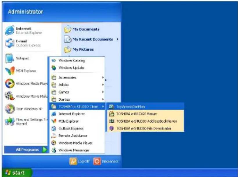 Administrator Internet Internet Explorer E-mail Outlook Express My Documents My Recent Documents My Pictures Notepad MSN Explorer Windows Media Plays Windows Movie Make Tour Windows XP Files and Settings Tree Wizard All Programs Log Off Editconnect TopAccessDocItem TOSHIBA e-BRIDGE Viewer TOSHIBA e-STUDIO AddressBookItaver TOSHIBA e-STUDIO File Downloader Start