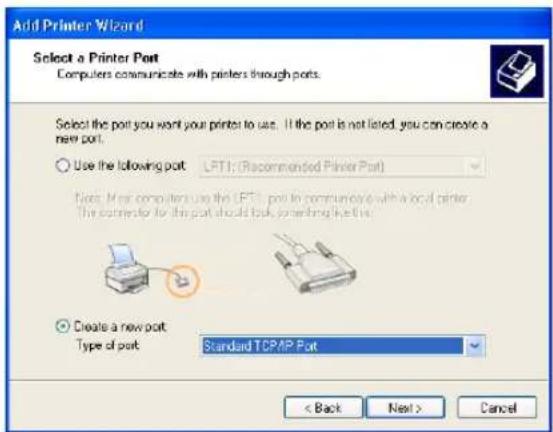 Add Printer Wizard Select a Printer Port Computers communicate with printers through ports. Select the port you want your printer to use. If the port is not listed, you can create a new port. Use the following port: LPT1: (Recommended Printer Port) Note: If our computers use the LPT1 port in communication with a local printer. The controller for the port should look something like this. Create a new port Type of port: Standard TCP/IP Port < Back Next > Cancel