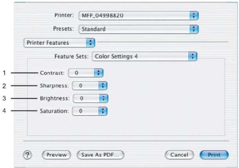Printer: MFP_04998820 Presets: Standard Printer Features Feature Sets: Color Settings 4 1 — Contrast: 0 2 — Sharpness: 0 3 — Brightness: 0 4 — Saturation: 0 ? Preview Save As PDF... Cancel Print