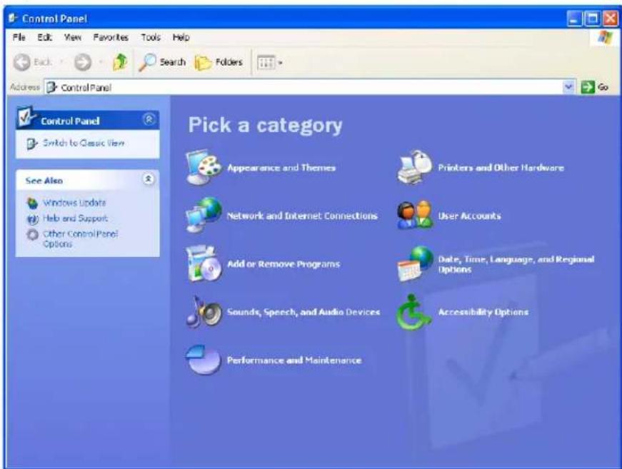 Control Panel File Edit View Favorites Tools Help Back Search Folders Address Control Panel Control Panel Switch to Classic View See Also Windows Update Help and Support Other Control Panel Options Pick a category Appearance and Themes Printers and Other Hardware Network and Internet Connections User Accounts Add or Remove Programs Date, Time, Language, and Regional Options Sounds, Speech, and Audio Devices Accessibility Options Performance and Maintenance