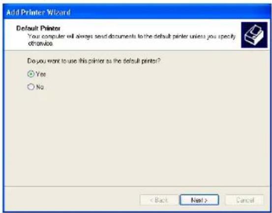 Add Printer Wizard Default Printer Your computer will always send documents to the default printer unless you specify otherwise. Do you want to use this printer as the default printer? Yes No < Back Next > Cancel