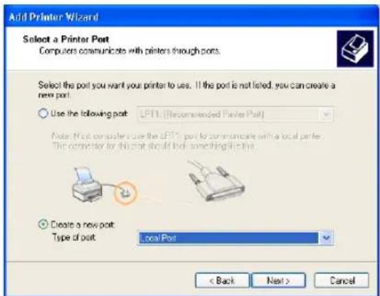 Add Printer Wizard Select a Printer Port Computers communicate with printers through ports. Select the port you want your printer to use. If the port is not listed, you can create a new port. Use the following port: LPT1. (Recommended Printer Port) Note: This computer uses the LPT1 port to communicate with a local port. The connector for this port should look something off this. Create a new port: Type of port: Local Post < Back Next > Cancel