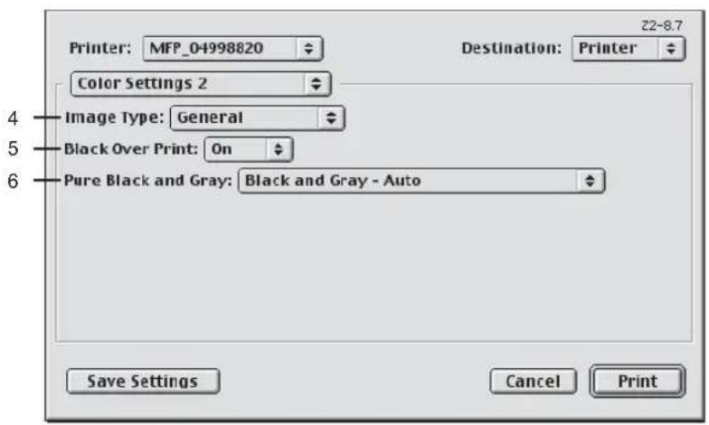 Printer: MFP_04998820 Color Settings 2 Image Type: General Black Over Print: On Pure Black and Gray: Black and Gray - Auto Save Settings Cancel Print Destination: Printer Z2-8.7