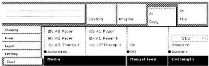 Custom Original On Copy On Files Stamping Image Liquet Printing Sheet Ø1 A0 Paper Øs A2 Paper Øs A3 Transp. I ●Automatic Øs A1 Paper Ø4 A1 Paper I Øs 12"Transp. I On ●Off 110° Standard ●Sunchro Media Manual feed Cut length