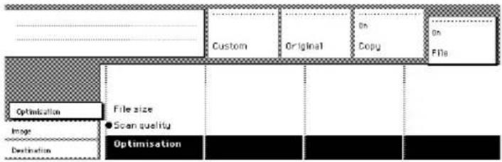 Custom Original On Copy On File Optimization File size Scan quality Image Destination Optimisation