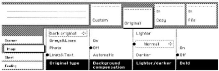 Custom Original On Copy On File Scatter Image Photo ●Lines&Text Dark original Greeys&Lines On ●Off Automatic Lighter Normal On Darker ●Off Original type Background compensation Lighter/darker Bold