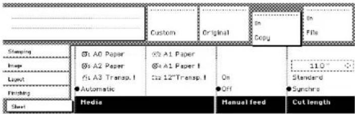 Custom Original On Copy On FILE Stamping Image Layout Finishing Sheet Ø1 A0 Paper Øs A2 Paper Øs A3 Transp. I Automatic Øs A1 Paper Øs A1 Paper I Øs 12"Transp. I On Off 110° Standard Synchro Media Manual feed Cut length