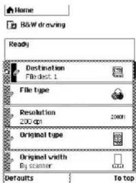 Home B&W drawing Ready Destination File dest 1 File type Resolution 200 dpi 20000 Original type Original width By scanner Defaults To top